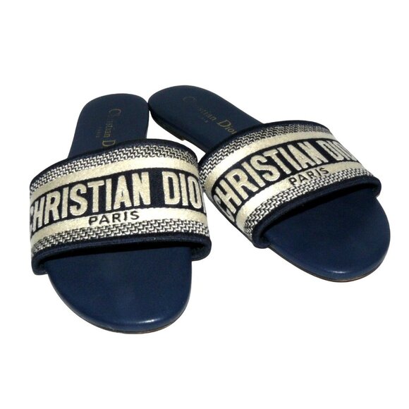 Christian Dior Shoes - Authentic Christian Dior Paris Blue & White Embroidered Slide Sandals Women's 37